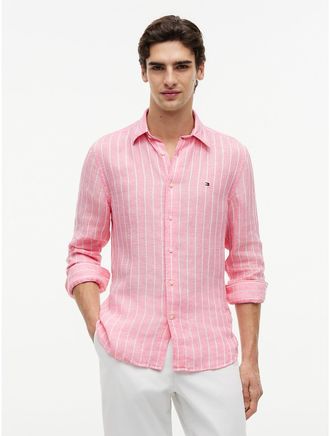 Tommy Hilfiger Mens Regular Fit Striped Linen Shirt - Pink - XXL