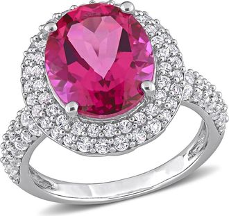 Delmar Sterling Silver Created White Sapphire Halo Oval Pink Topaz Ring at Nordstrom Rack, Size 5.5
