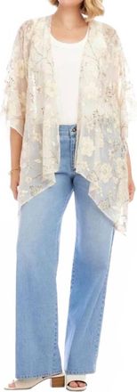Karen Kane Floral Embroidered Open Front Jacket In Off White With Gold