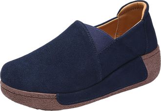 Generic Autumn Women Casual Shoes Round Toe Everyday Comfort Flock Mid Heel Platform Thick Sole Shake Footwear for Ladies Walking (Blue, 6.5)