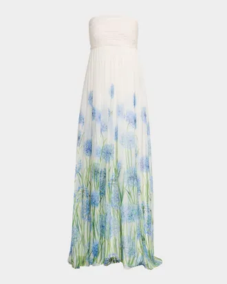 Oscar De La Renta Strapless Alliums Degrade Silk Chiffon Gown