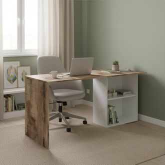 Dmora Escritorio Lineal Para Oficina Y Estudio Con Estante, Made In Italy, Mesa Minimalista, Escritorio Para Pc, 110x50h75 Cm, Color Blanco Brillante Y Arce