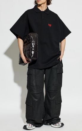 Balenciaga Polo With Embroidered Logo, Mens, Black