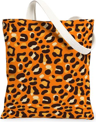 Generic Leopard Print Canvas Tote Bags, Animal Pattern Reusable Grocery Bags, Summer Chic Lightweight Washable Shoulder Strap, Orange, 13x15 Inch