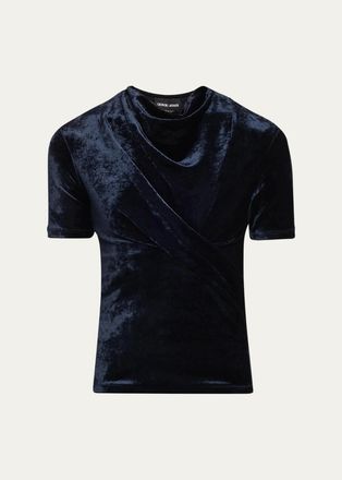 Giorgio Armani Cowl-Neck Draped Velvet Short-Sleeve Top