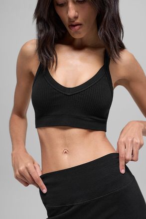Alo | Seamless Two Tone Rib Bra in Black, Size: Medium