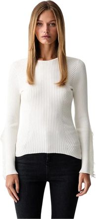 Twinset Gebreide trui met kanten rand - Dames - Ronde hals truien - Beige - M - Polyester - Truien & Vesten