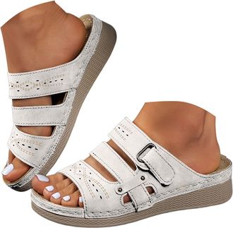 Generic Womens Leather Platform Slide Sandals Chunky Sole Strappy Flat Comfortable Open Toe Slippers with Perforation Design Light Brown Sole with Stitching f