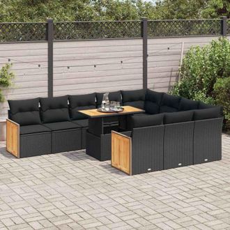 vidaXL Set Sof&aacute;s Jard&iacute;n Y Cojines 11 Pzas Rat&aacute;n Sint&eacute;tico Acacia Negro Vidaxl