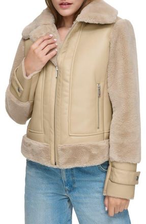 Andrew Marc Faux Fur Trim Faux Leather Aviator Jacket in Oat at Nordstrom, Size X-Large