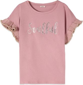 Oltre Katoenen T-shirt met Kristallen en Ruffles - Dames - T-shirts - Roze - L - Katoen - Tops