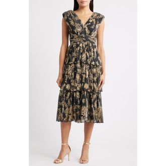Vince Camuto Metallic Crinkle Midi Dress in Black/Gold at Nordstrom Rack, Size 10