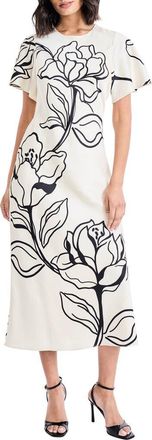 Maggy London Floral Short Sleeve Midi Dress in Cream/Black at Nordstrom, Size 14
