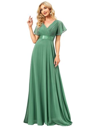 Ever-pretty Womens Double V-Neck Short Flutter Sleeves Empire Waist Elegant Chiffon Long Evening Dresses Green 6UK