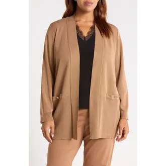 Anne Klein Pocket Open Front Cardigan in Vicuna at Nordstrom, Size 0X