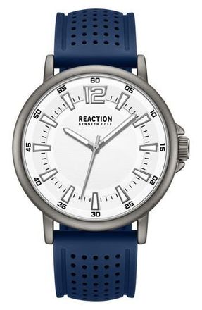 Kenneth Cole Reaction Perforated Silicone Strap Watch, 44mm in White/Dark Blue at Nordstrom Rack