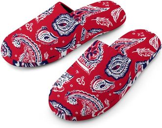Generic Red Bandana Paisley Flannel Mens Slip-on Slippers Winter Warm House Shoes with Rubber Sole for Home Hotel