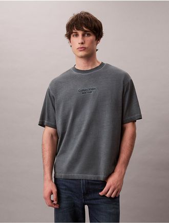 Calvin Klein Jeans Calvin Klein Mens Faded Dye Logo Graphic Classic Crewneck T-Shirt - Blue - 2XL