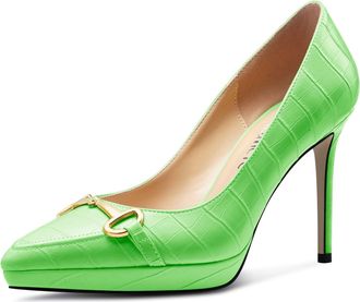 Castamere Womens High Platform Stiletto Heel Pointed Toe Slip-on Pumps Court Shoe Metal Chain Office Prom 12 CM Heels Bright Green 7 UK