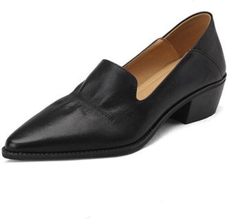 Generic Womens Low Chunky Heel Pointed Toe Loafers Faux Leather Slip On Pumps Lightweight Padded Insole Non Slip Durable Dress Shoes,Black,4.5 UK