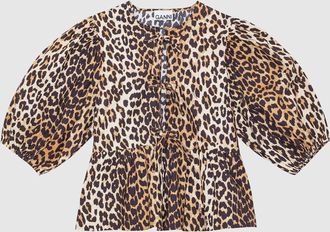 Ganni Blouse Printed Cotton Poplin Peplum Blouse Leopard