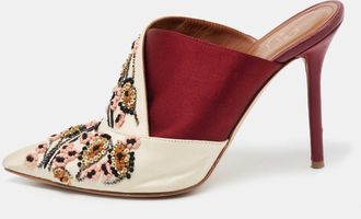 Malone Souliers Off White/burgundy Satin Floral Embroidered Pointed Toe Mules