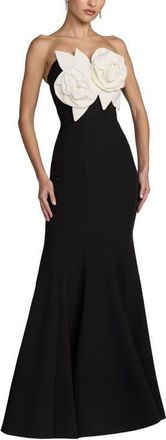 Mac Duggal Crepe Strapless Mermaid Gown With 3D Flowers in Black Ivory at Nordstrom, Size 14