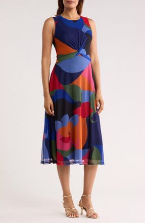 Vince Camuto Sleeveless Twist Front Mesh A-Line Midi Dress in Blue Multi at Nordstrom Rack, Size 14