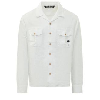 Palm Angels Denim Shirts, male, White, Size: L Logo-Embroidered Flap-Pocket Shirt