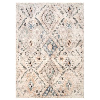Kukoon Beige Navy Blue Distressed Aztec Motif Area Rug | Size: 200 cm x 290 cm