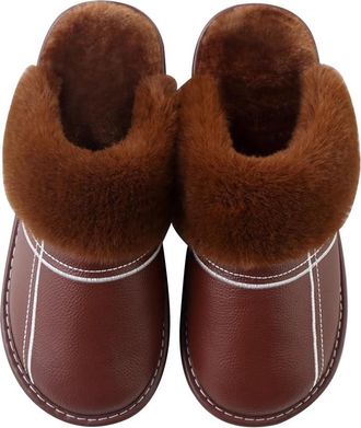 Generic Womens Leather Plush Slippers for Autumn and Winter, Waterproof Home Shoes,Brown,5.5 UK