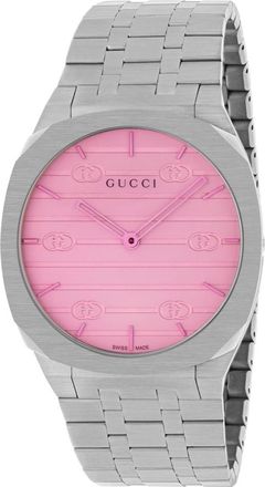 Gucci Ya 163410 - 38 mm roestvrijstalen multi-laagse kast- witte wijzerplaat met Interlocking G-motief en roze gekleurd glas- armband van roestvrij staal me