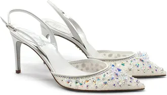 Rene Caovilla White Embellished Cinderella 75 Slingbacks Size 36.5