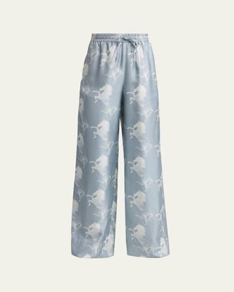 Stella McCartney Horse Printed Silk Twill Wide-Leg Drawstring Pants