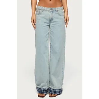 Edikted Plaid Low Rise Cuff Wide Leg Jeans in Light Blue Washed at Nordstrom, Size X-Large