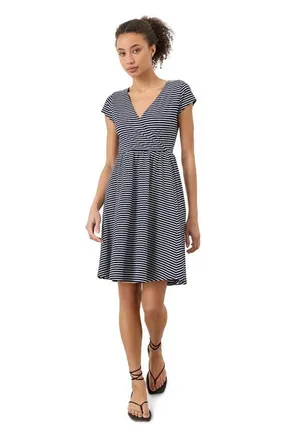 Pact Organic Cotton Fit & Flare Crossover Dress in Hudson Stripe Navy Blue at Nordstrom, Size Xx-Large