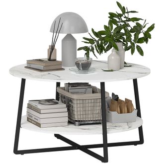 HOMCOM Round Coffee Table with Storage Shelf and Marble Effect Top - White | TJ Hughes