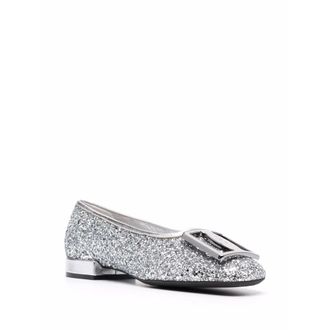 Ferragamo Logo-Plaque Glitter Ballerina Flat - Silver