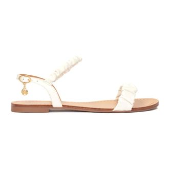 Kazar Schoenen, Dames, Beige, 39 EU, Leer, Leren platte sandalen met gekreukelde bandjes