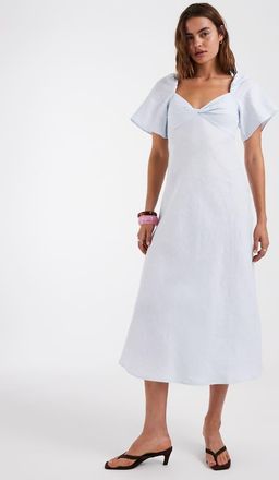 & Other Stories Vestito al polpaccio in lino blu pastello con maniche a sbuffo e scollo a cuore con intreccio