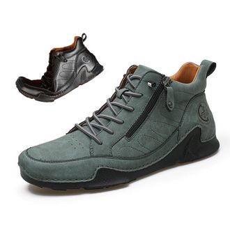 Generic Mens Handmade Premium Leather Slip-On Boots, Arch Support Non-Slip Sole Mid Top Loafers, Side Zipper Casual Shoes for Hiking Driving Walking (Green,10