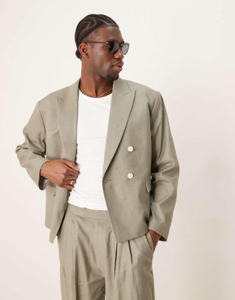 Asos linen mix boxy suit blazer in khaki-Navy