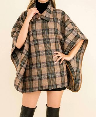 THML Clothing High Neck Plaid Poncho In Brown