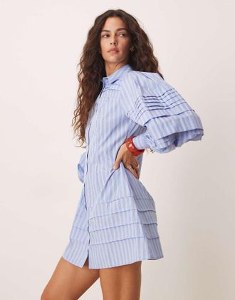 Asos mini shirt dress with pintucks in blue stripe-Multi