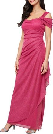 Alex Evenings Cold Shoulder Ruffle Glitter Chiffon Gown in Raspberry at Nordstrom, Size 16P