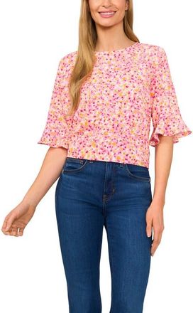 CeCe by Cynthia Steffe Floral Ruffle Sleeve Top in Pink Multi/New Ivory at Nordstrom, Size X-Large