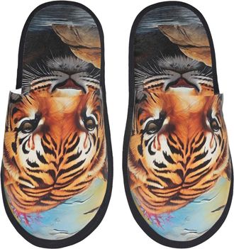 Generic Camping Slippers Colorful Plant Tiger Print Indoor Slipper Portable House Shoes Fluffy Fuzzy Slippers For Casual Travel Bedroom M