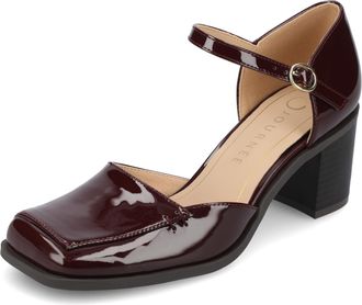 Journee Collection Womens Buckle Strap Open Square Toe Chunky Stacked Block Heel Evangeline Comfort Foam Pumps, Patent/Chocolate, 3 UK
