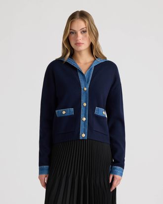 NVLT Womens Sailor Collar Cardigan with Denim Detailing