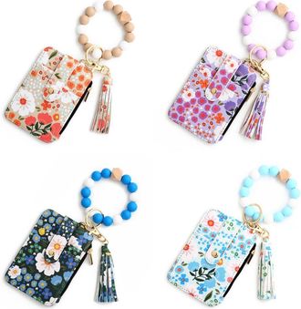 Generic Women Boho Keychain Wallet with Beaded Bracelet Small Holder(Khaki)